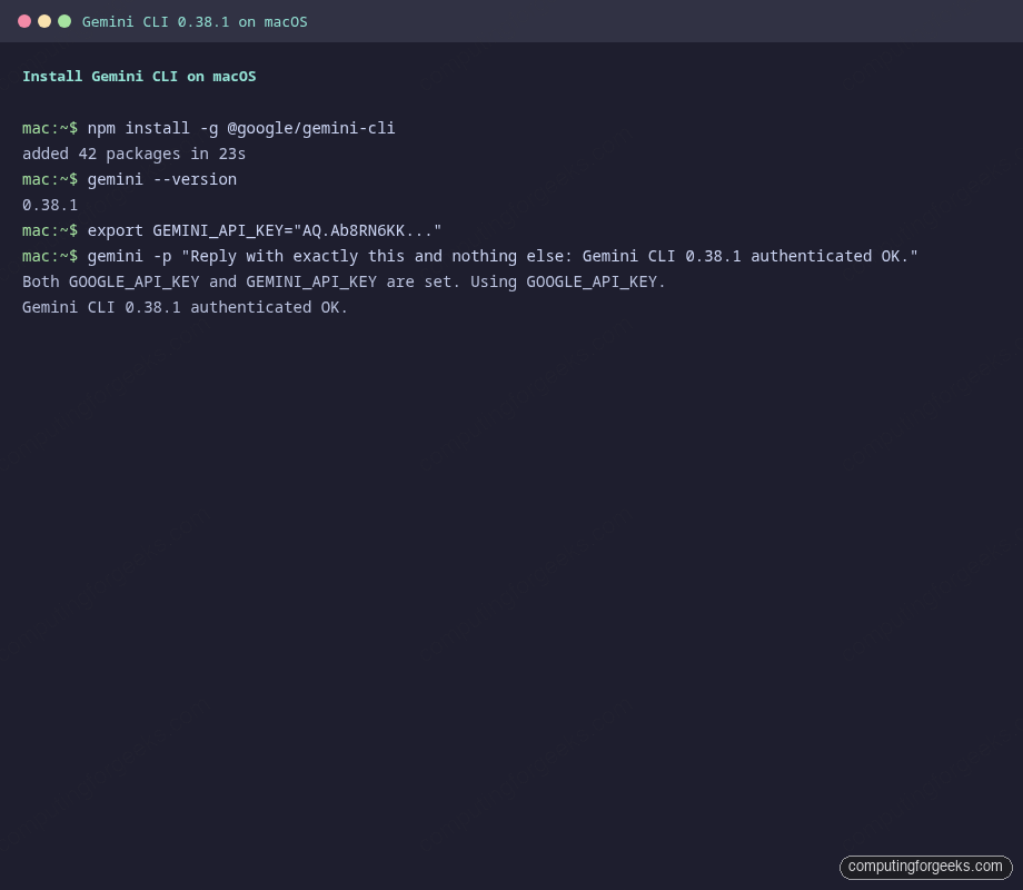 Install Gemini CLI via npm on macOS, set GEMINI_API_KEY, and run a headless prompt