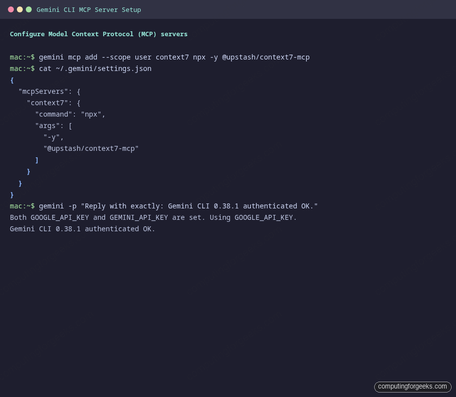 Add Context7 MCP server to Gemini CLI settings.json and run a headless prompt