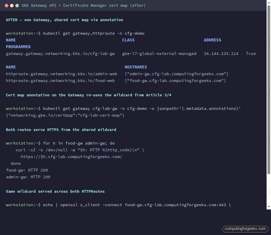 Terminal showing kubectl get gateway httproute programmed and certmap annotation