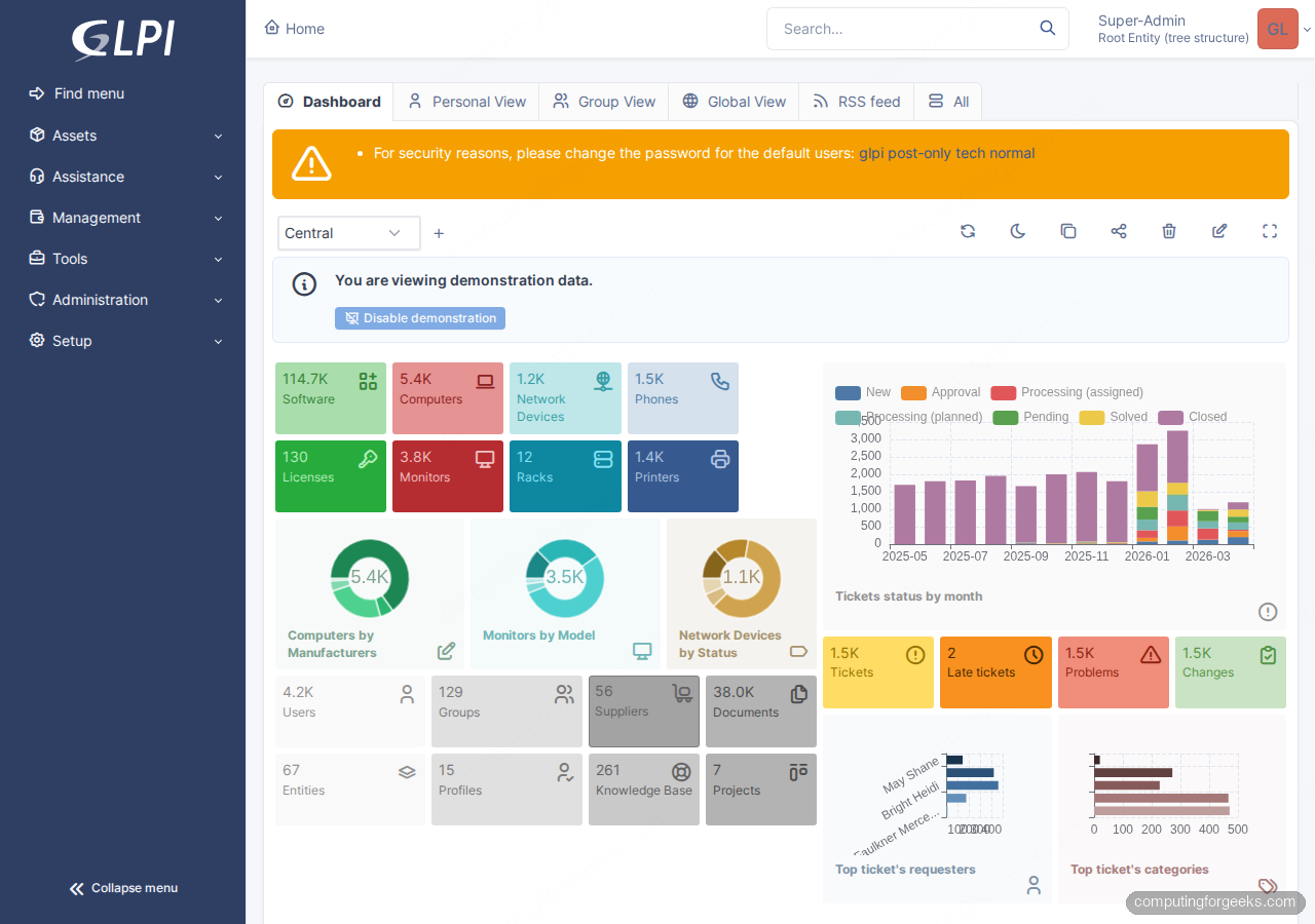 GLPI admin dashboard on Ubuntu 24.04