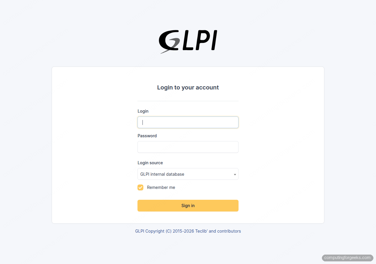 GLPI login page on Ubuntu 24.04