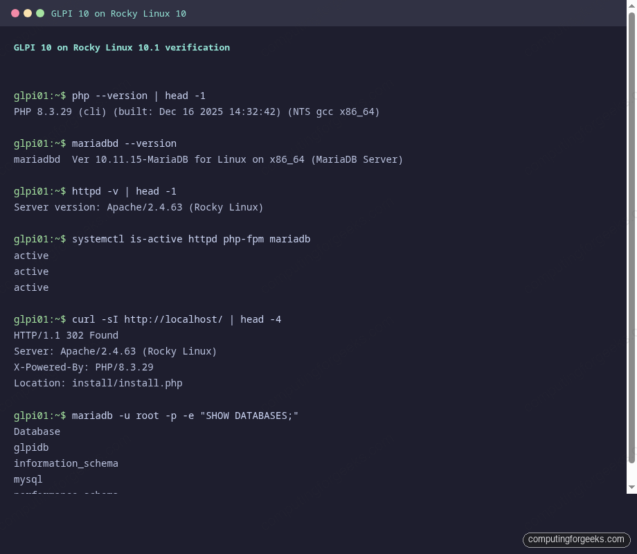 GLPI 10 install verification terminal on Rocky Linux 10