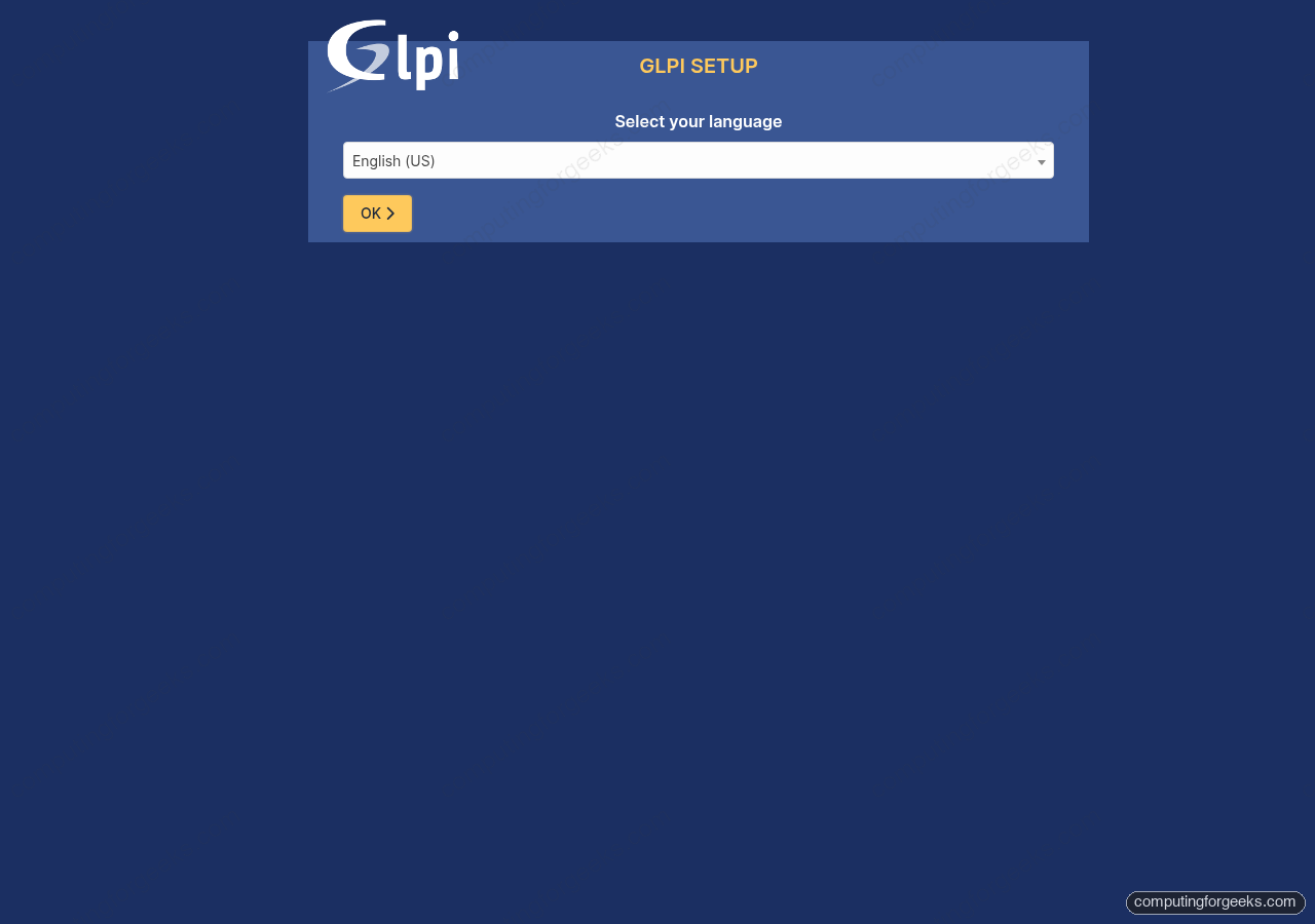 GLPI installation wizard language selection loaded from Apache on Rocky 10