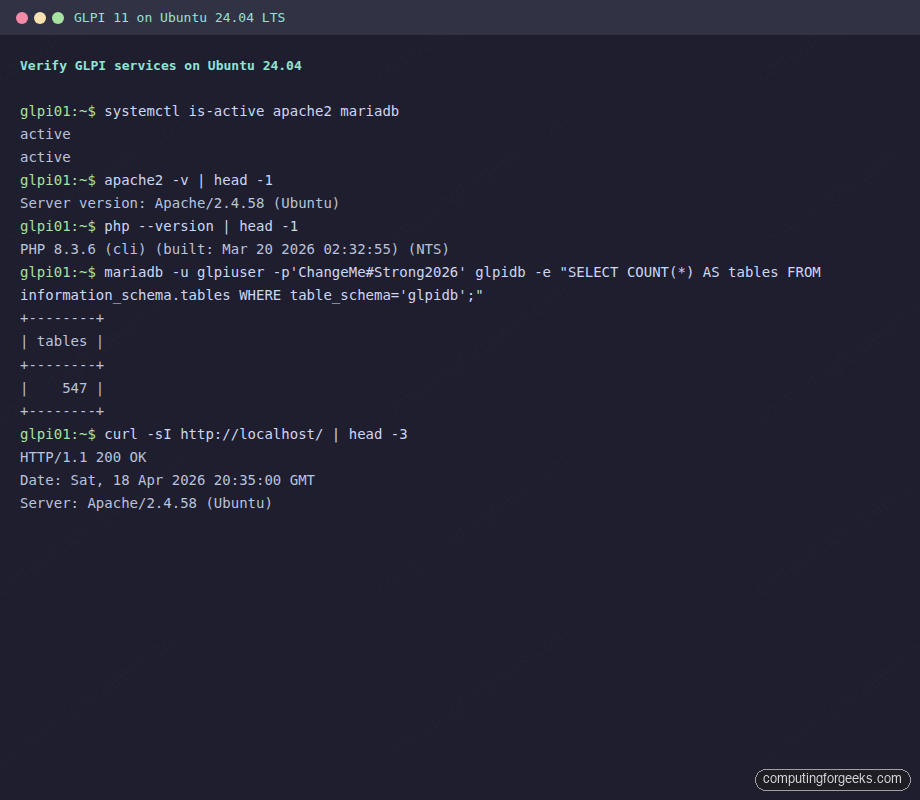 GLPI Apache MariaDB PHP services status on Ubuntu 24.04