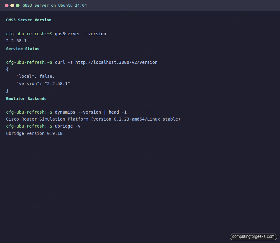GNS3 server version and API check on Ubuntu 24.04
