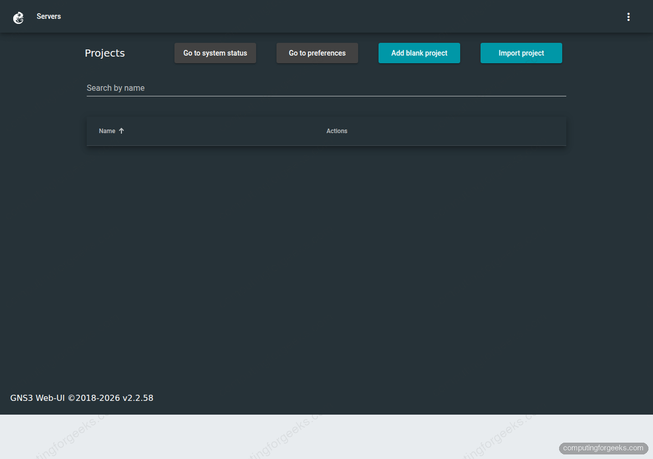 GNS3 Web UI Projects page on Ubuntu 24.04