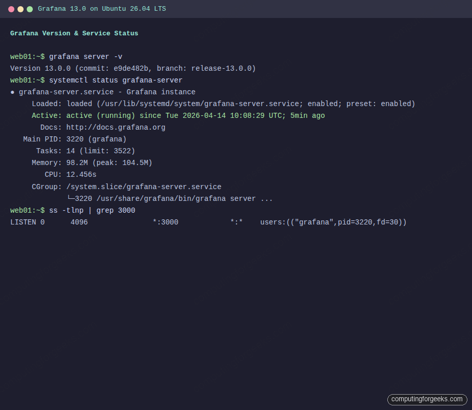 Install Grafana on Ubuntu 26.04 LTS 1 Grafana server version 13.0 and systemctl status on Ubuntu 26.04 LTS
