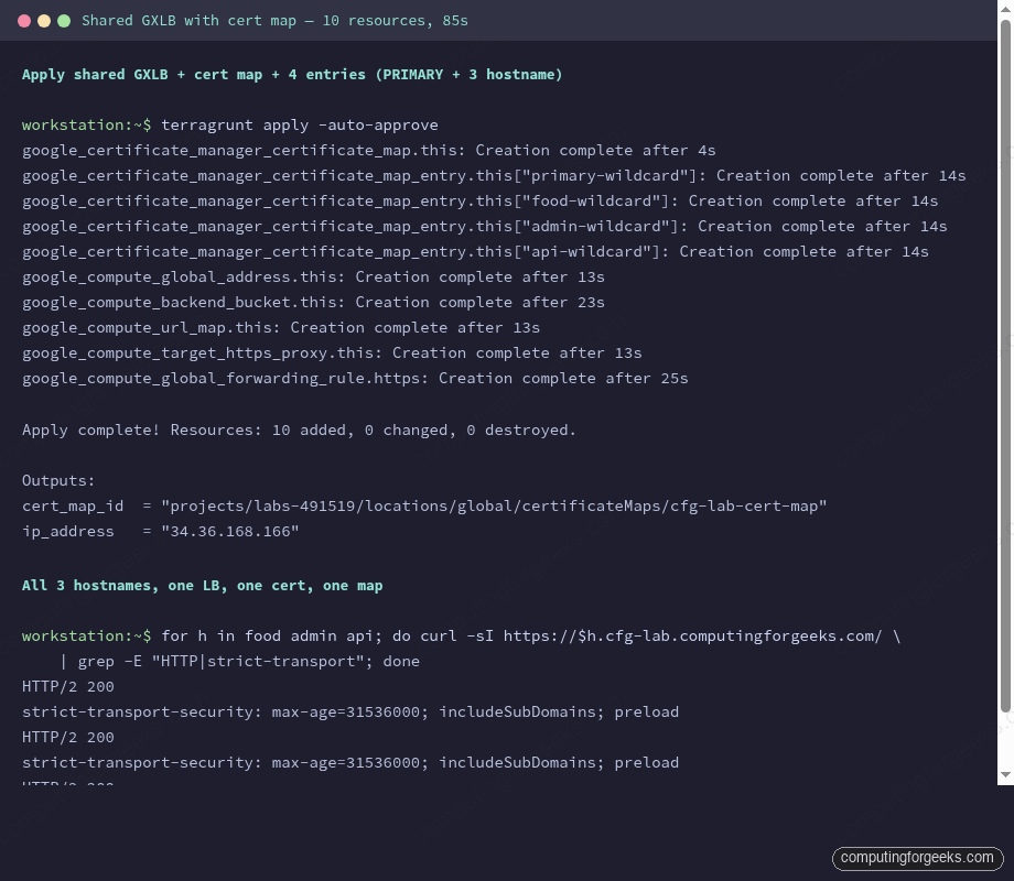 Terminal showing Terraform apply for cert map entries backend bucket URL map target proxy and forwarding rule