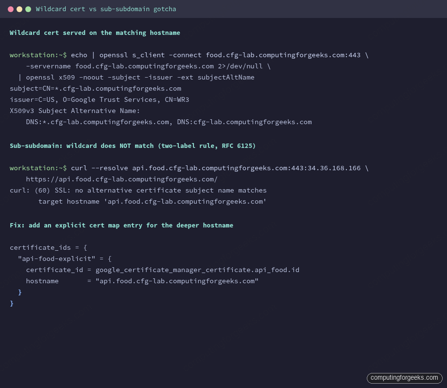 Terminal showing openssl s_client wildcard cert SAN and curl SSL error for sub-subdomain