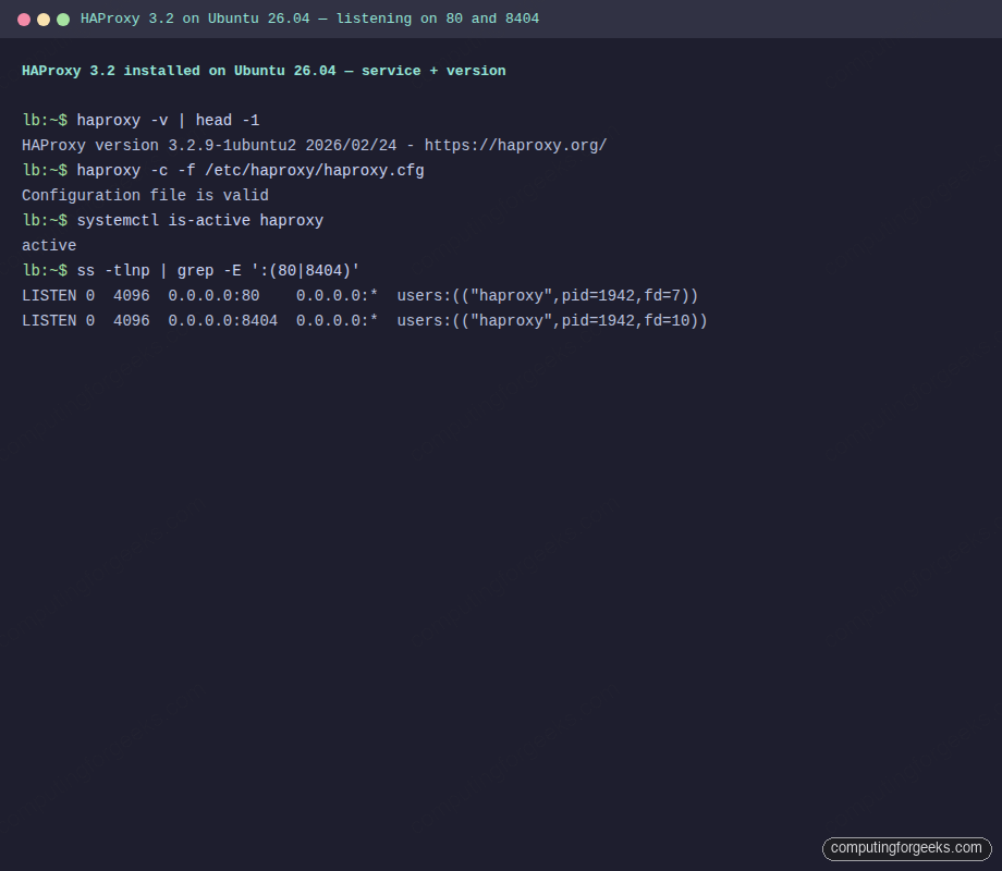 HAProxy 3.2 installed and listening on Ubuntu 26.04