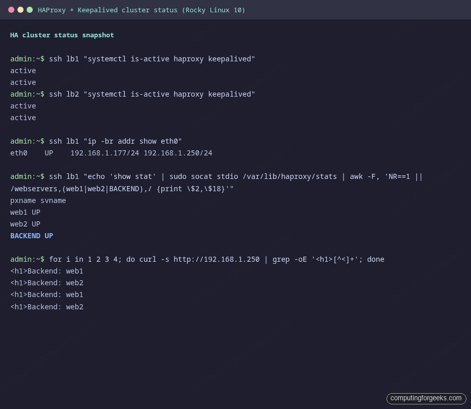 Terminal output verifying both load balancers active, VIP placement, and round-robin curl through the virtual IP