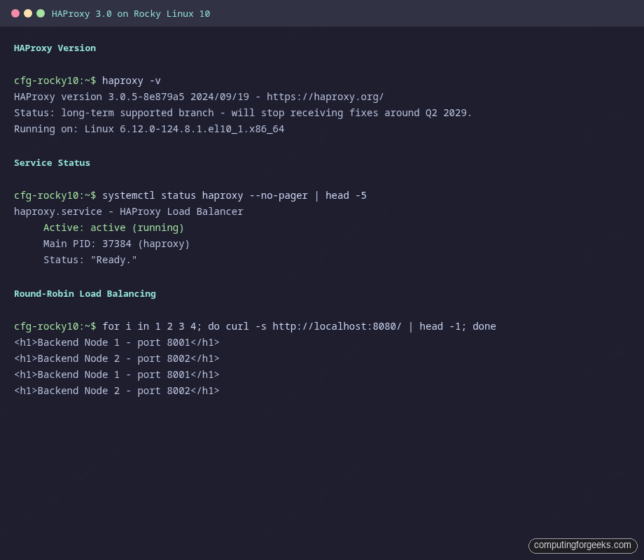 HAProxy 3.0 running on Rocky Linux 10 showing round-robin load balancing between two backends