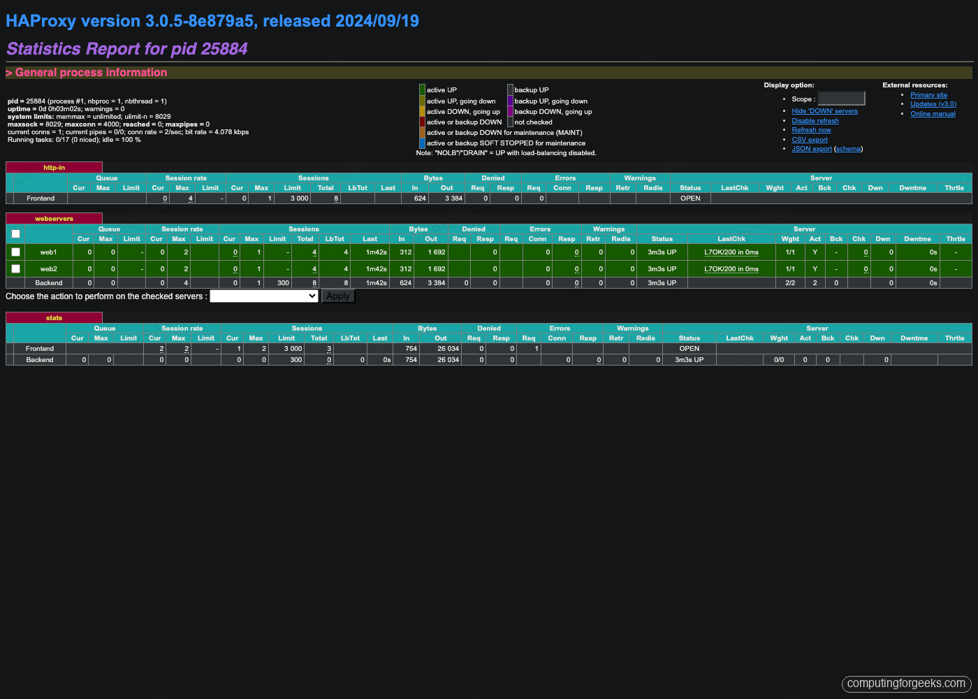 HAProxy 3.0 stats page on Rocky Linux 10 with web1 and web2 backends in UP state