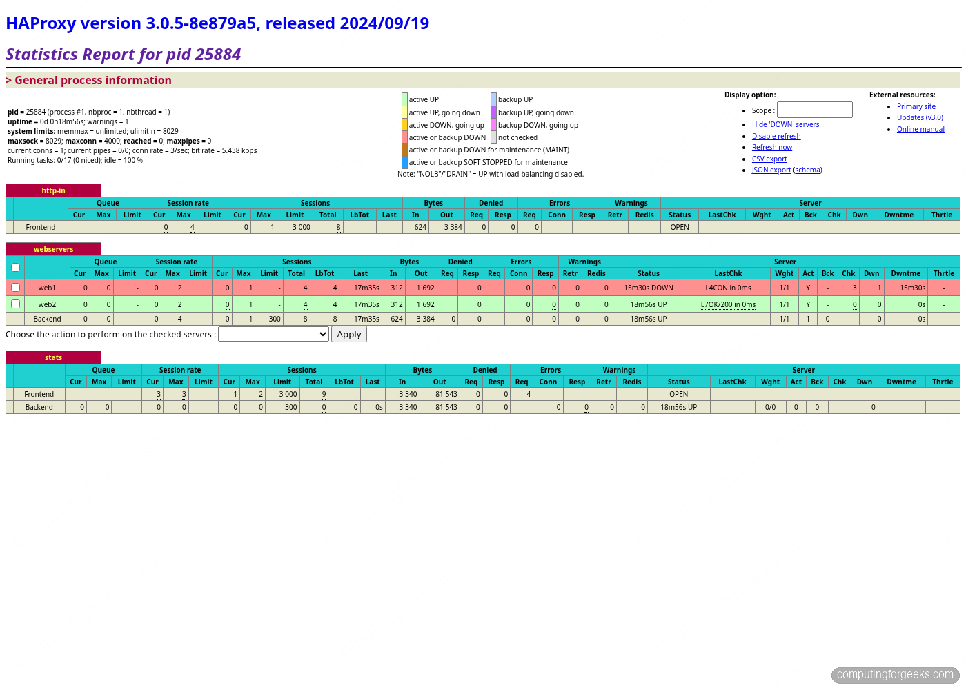 HAProxy stats highlighting web1 in DOWN state after nginx stopped, web2 still UP