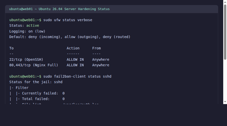 Initial Server Setup with Ubuntu 26.04 LTS (Post-Install Hardening) 1 Ubuntu 26.04 server hardening status