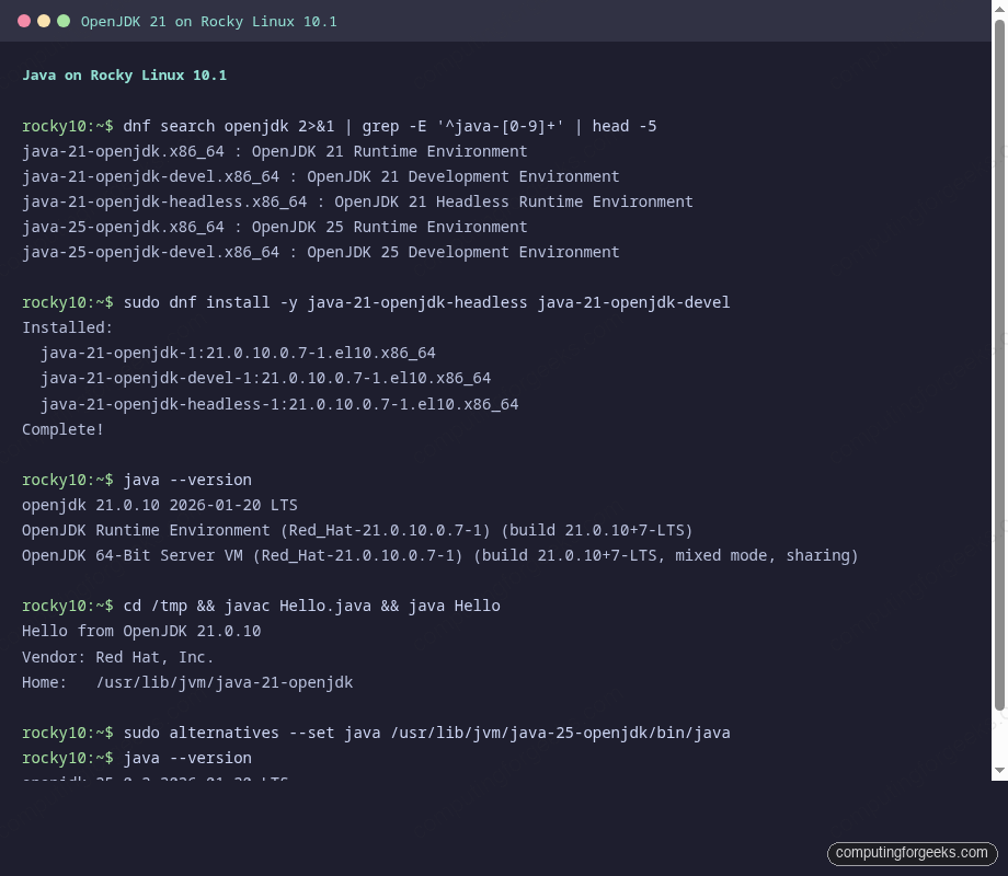 OpenJDK 21 LTS installed and verified on Rocky Linux 10.1 terminal