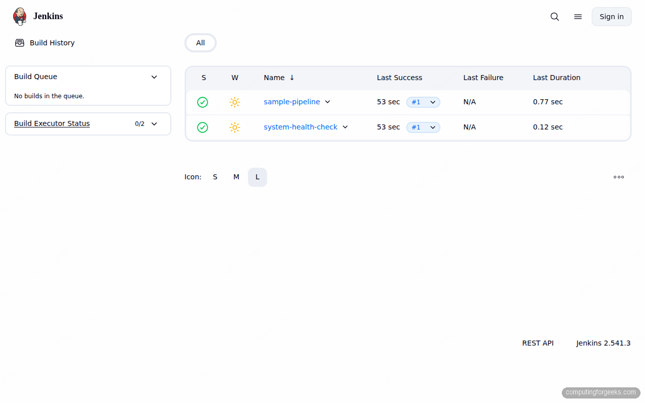 Jenkins dashboard showing sample pipeline and freestyle jobs on Ubuntu 26.04