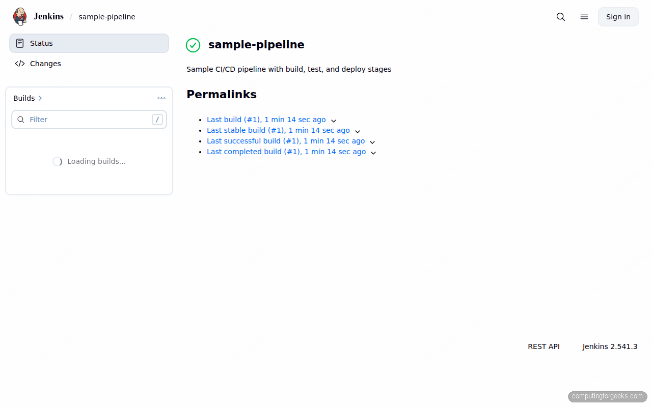 Jenkins pipeline job showing build test deploy stages on Ubuntu 26.04