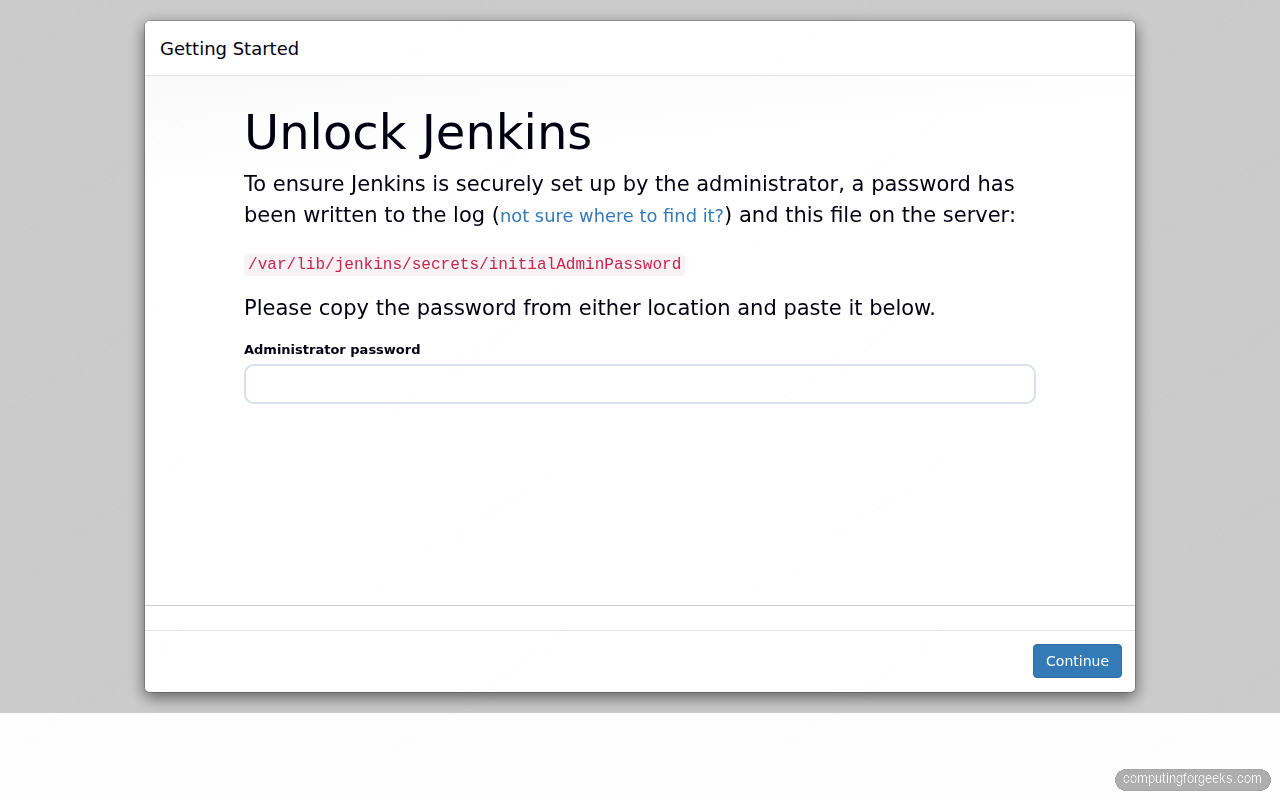 Jenkins unlock screen showing initial admin password prompt on Ubuntu 26.04
