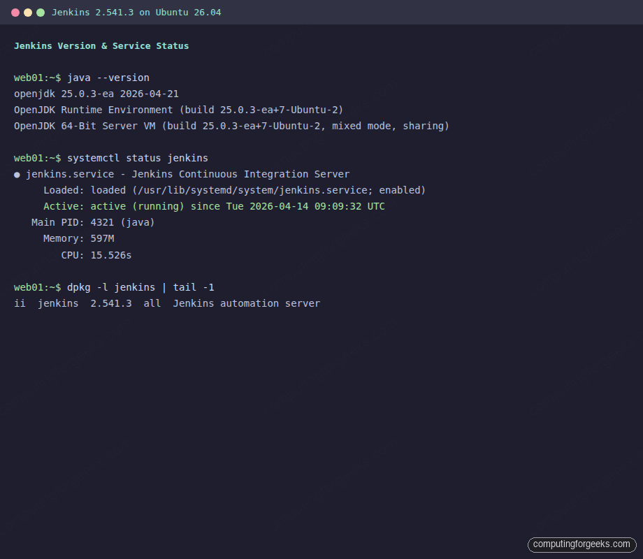 Jenkins 2.541.3 version and systemctl service status on Ubuntu 26.04