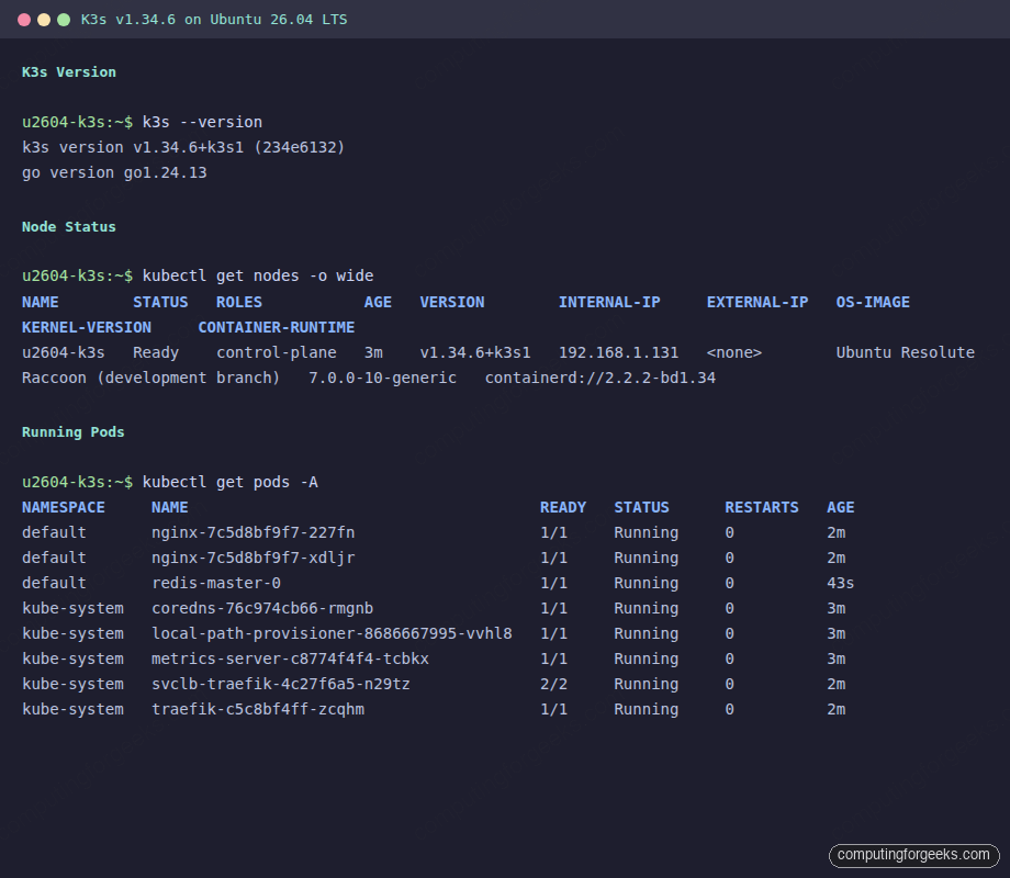 Install K3s on Ubuntu 26.04 LTS 1 K3s cluster running on Ubuntu 26.04 showing version, nodes, and pods