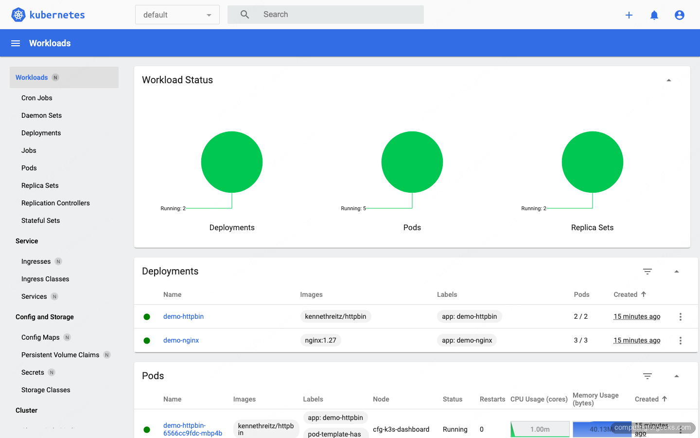 Kubernetes Dashboard default namespace showing demo-nginx and demo-httpbin deployments running