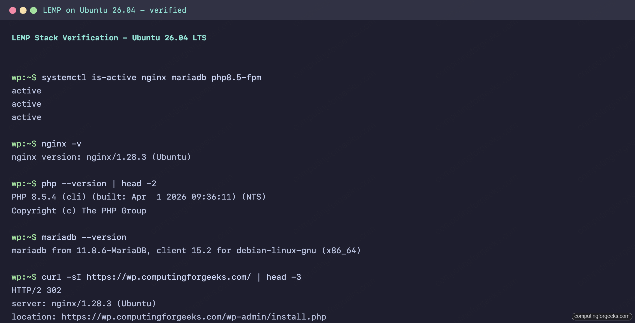 LEMP stack verified on Ubuntu 26.04 - Nginx 1.28.3, PHP 8.5.4, MariaDB 11.8.6