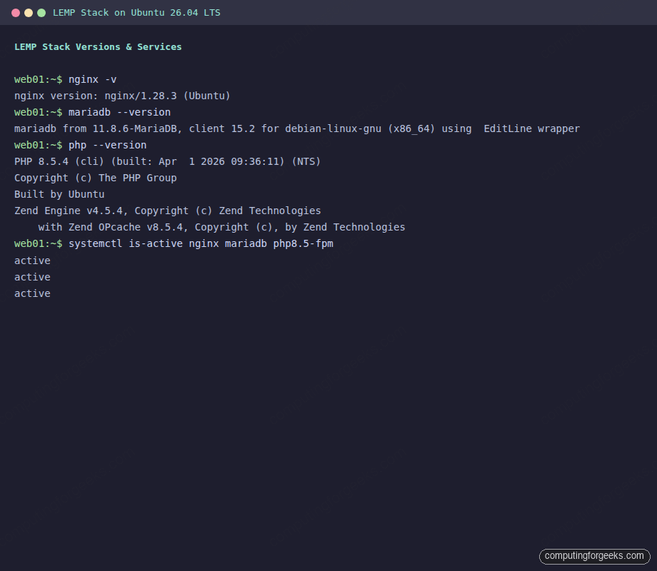 Install LEMP Stack on Ubuntu 26.04 LTS (Nginx, MariaDB, PHP 8.5) 1 Nginx 1.28.3 MariaDB 11.8.6 PHP 8.5.4 active on Ubuntu 26.04 LTS