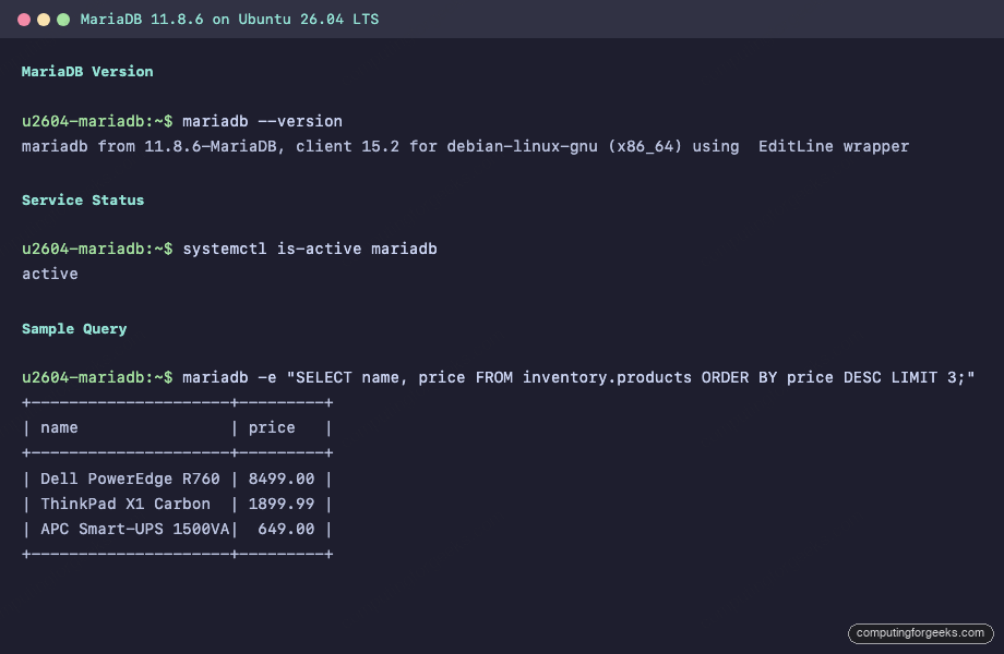 MariaDB 11.8.6 version and status on Ubuntu 26.04 LTS