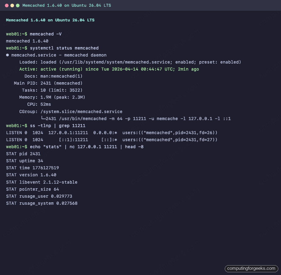 Memcached 1.6.40 service status and stats output on Ubuntu 26.04 LTS