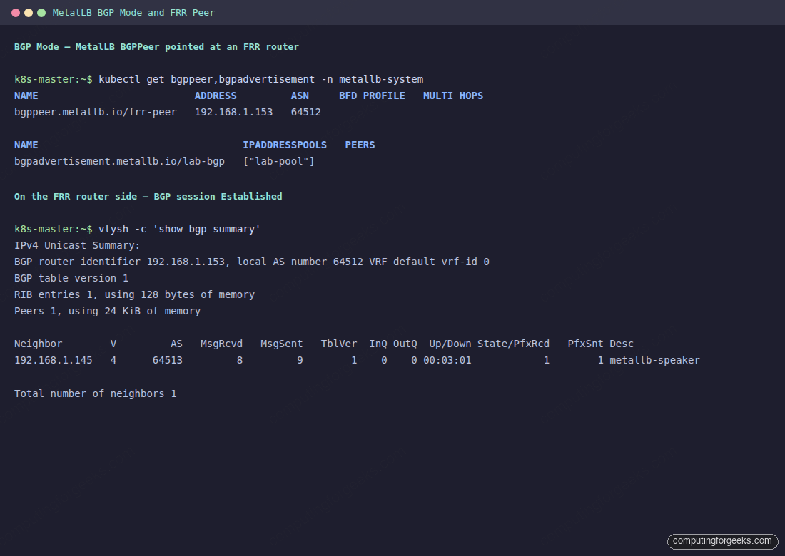 Terminal showing MetalLB BGPPeer and BGPAdvertisement resources and FRR vtysh show bgp summary with neighbor Established and 1 prefix received