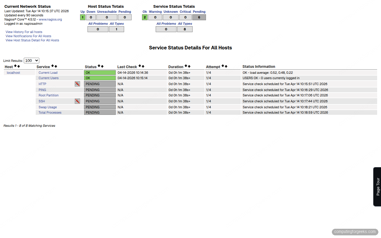 Install Nagios Core on Ubuntu 26.04 LTS 3 Nagios service status details for all hosts on Ubuntu 26.04