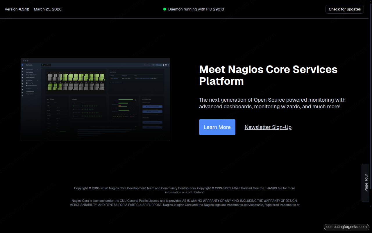 Install Nagios Core on Ubuntu 26.04 LTS 1 Nagios Core 4.5.12 main page on Ubuntu 26.04 LTS