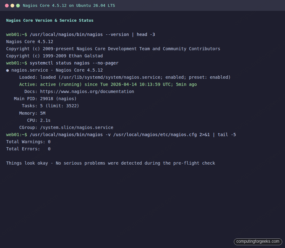 Install Nagios Core on Ubuntu 26.04 LTS 4 Nagios Core 4.5.12 version and service status on Ubuntu 26.04 terminal