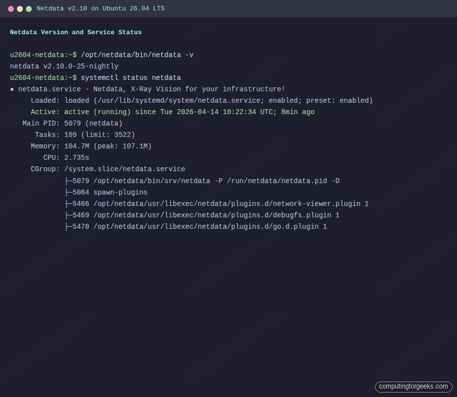 Netdata version and service status on Ubuntu 26.04 LTS