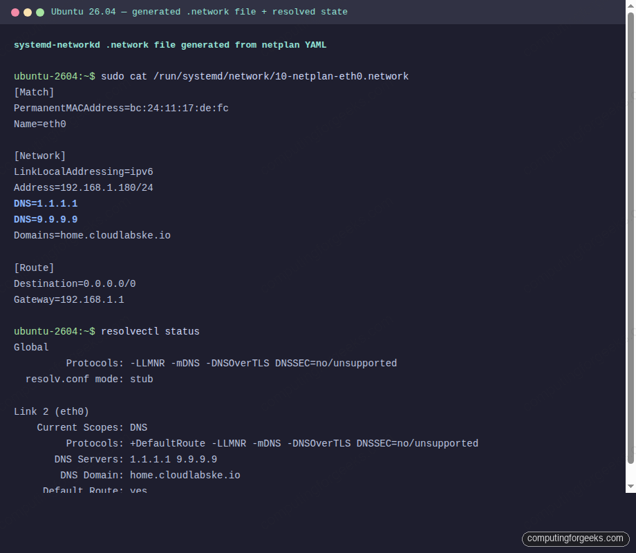 Contents of /run/systemd/network/10-netplan-eth0.network generated by netplan on Ubuntu 26.04