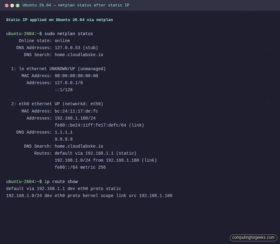 Output of sudo netplan status after applying static IP 192.168.1.180 via netplan on Ubuntu 26.04 LTS