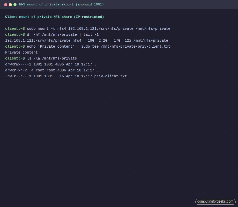 Mount of the NFS private export with anonuid 1001 ownership from Ubuntu 26.04 client