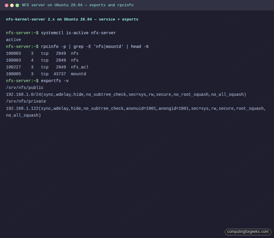 NFS kernel server on Ubuntu 26.04 with two exports and rpcinfo confirming NFS 4