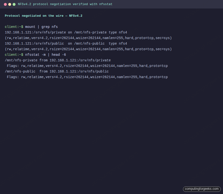 NFSv4.2 protocol negotiation verified with nfsstat -m on Ubuntu 26.04 client