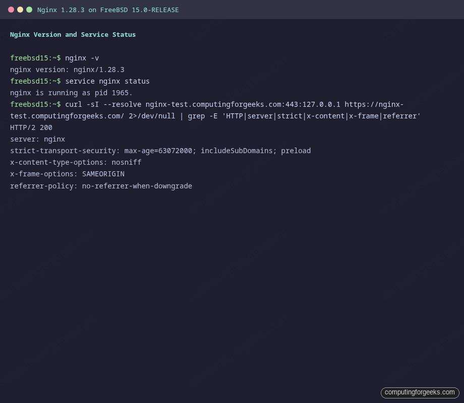 Nginx FreeBSD 15 SSL Status and Security Headers Nginx 1.28.3 running on FreeBSD 15 showing service status and HTTPS security headers