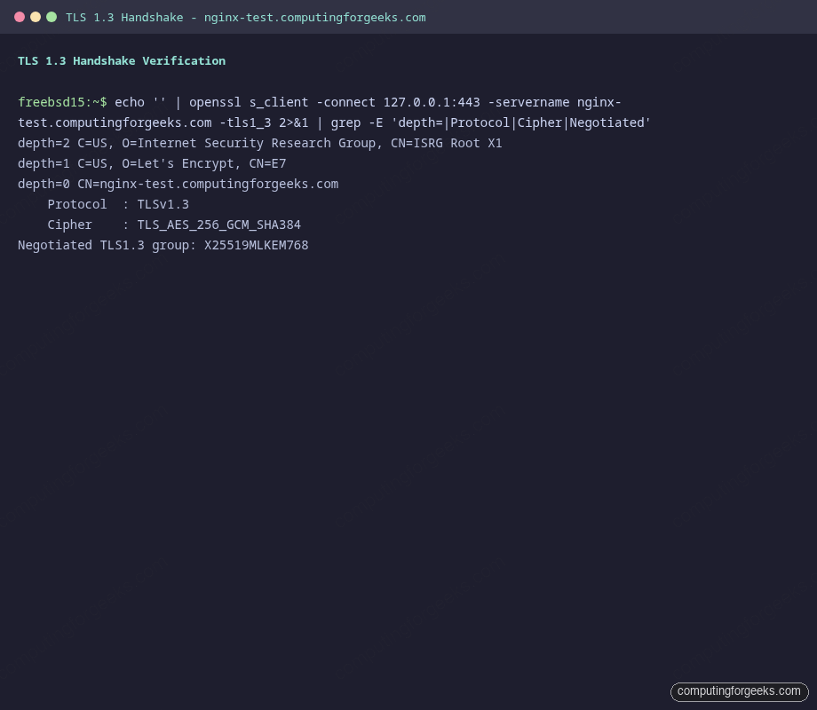 Nginx FreeBSD 15 TLS 1.3 Handshake Verification OpenSSL TLS 1.3 handshake verification showing TLS_AES_256_GCM_SHA384 cipher and Let's Encrypt certificate chain