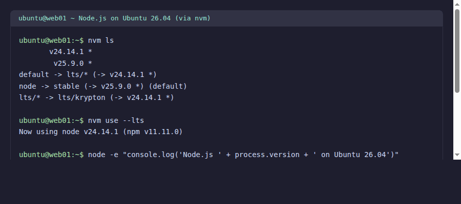 Node.js version management with nvm on Ubuntu 26.04