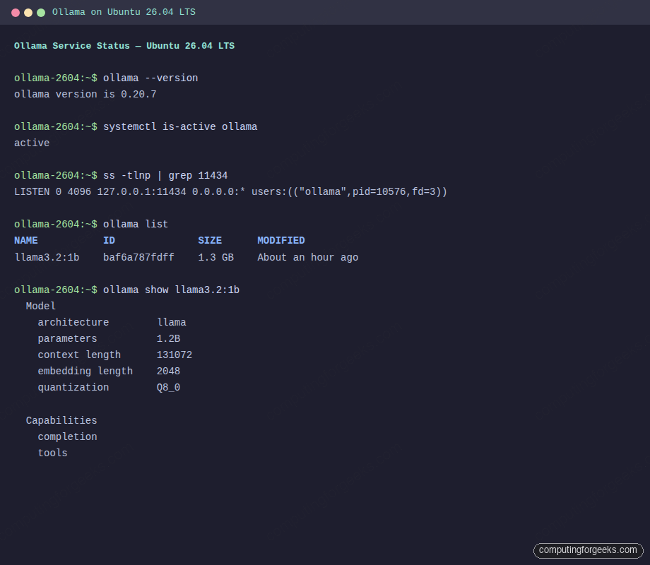 Ollama 0.20.7 service active and llama3.2:1b model loaded on Ubuntu 26.04