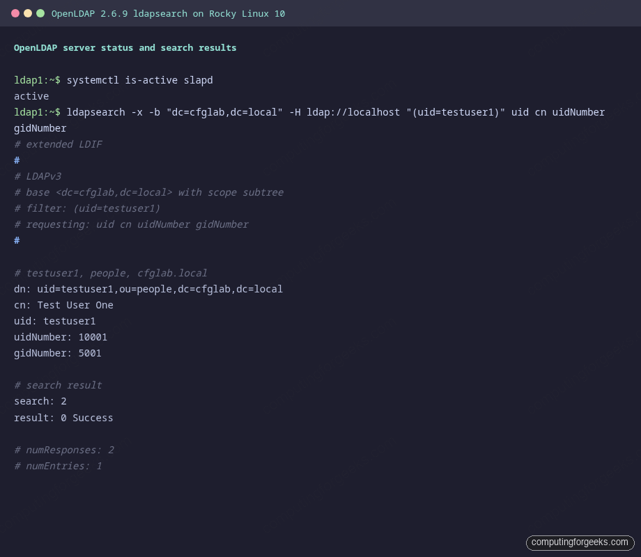 OpenLDAP 2.6.9 ldapsearch query returning testuser1 entry on Rocky Linux 10