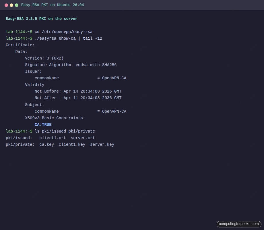 Easy-RSA 3.2.5 PKI show-ca output on Ubuntu 26.04