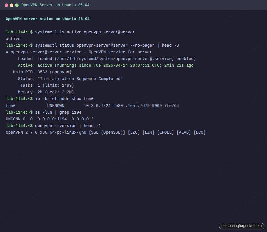 OpenVPN server 2.7 running on Ubuntu 26.04 with tun0 active