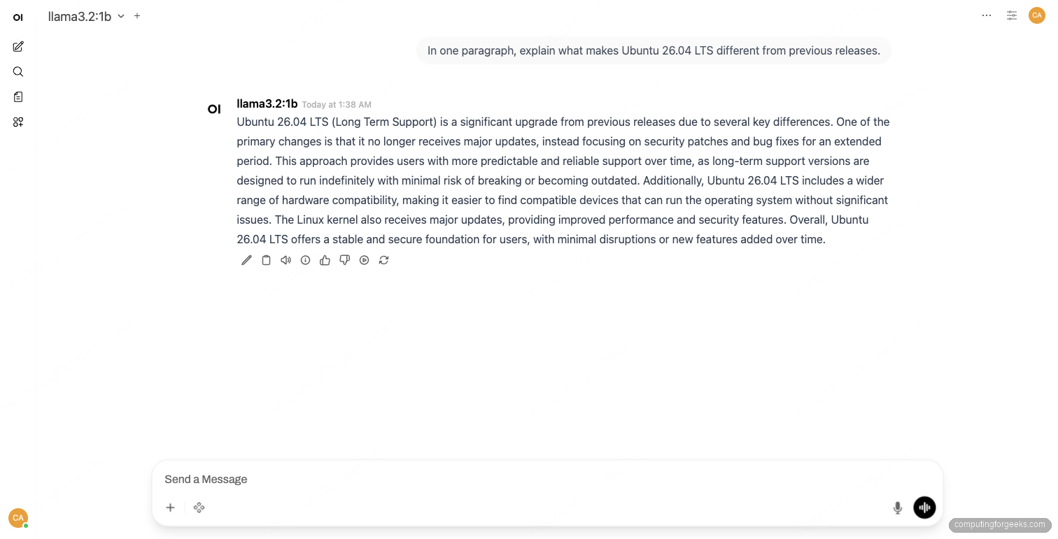 Open WebUI streaming a response from llama3.2:1b on Ubuntu 26.04