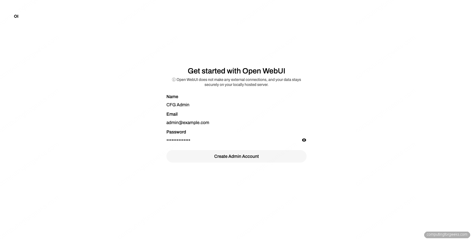 Open WebUI Create Admin Account form on Ubuntu 26.04 first-run signup