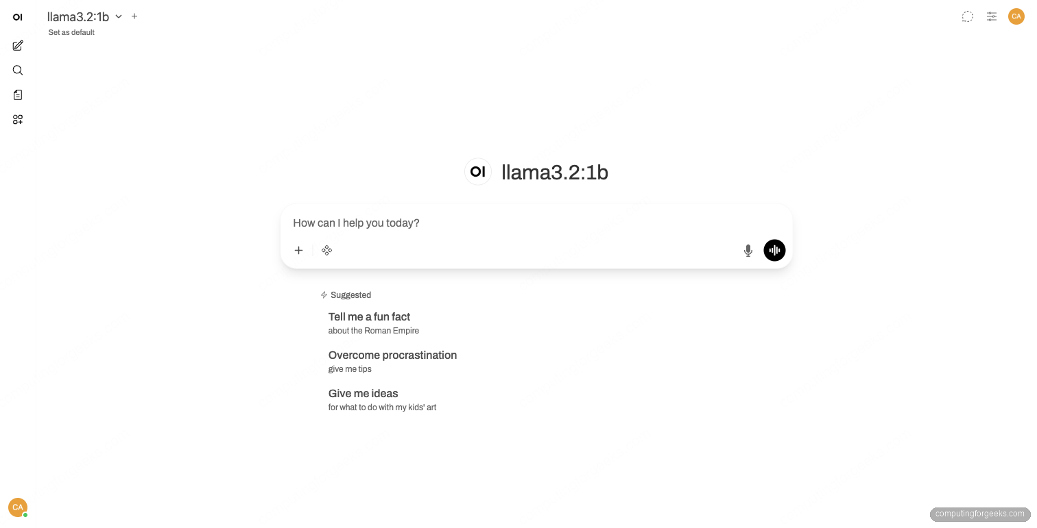 Open WebUI chat interface with llama3.2:1b model selected on Ubuntu 26.04